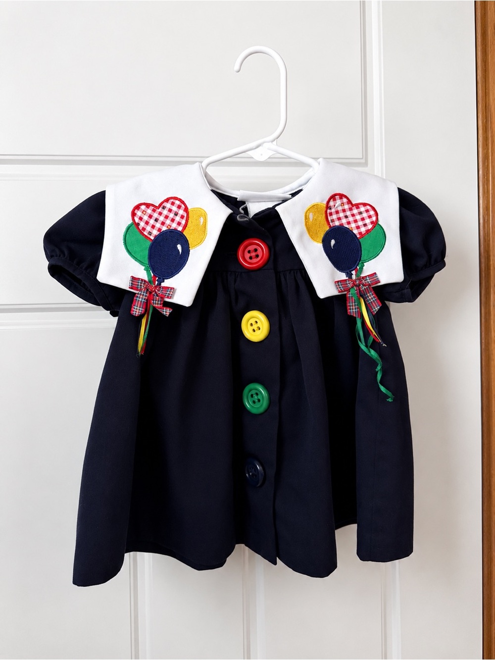 Vintage Bonnie Baby Navy Dress with Red, Yellow, Green Balloon Details